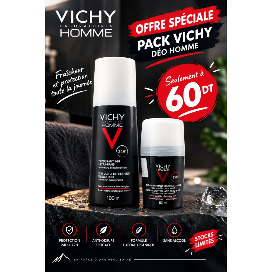 PACK VICHY DEO HOMME  Déodorant Ultra-Frais 24H Vaporisateur 100 ml AVEC  Le déodorant anti-transpirant 72 heures