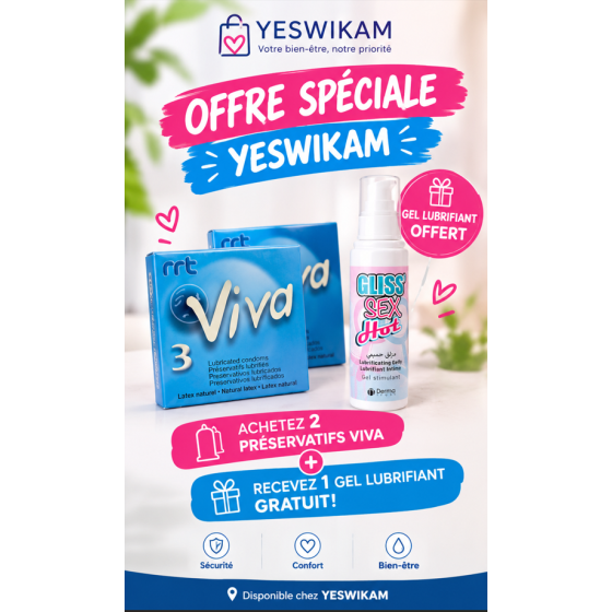 Viva –2  Préservatifs Lubrifiés en Latex Naturel +  gel lubrifiant GLISS SEX HUG offerte