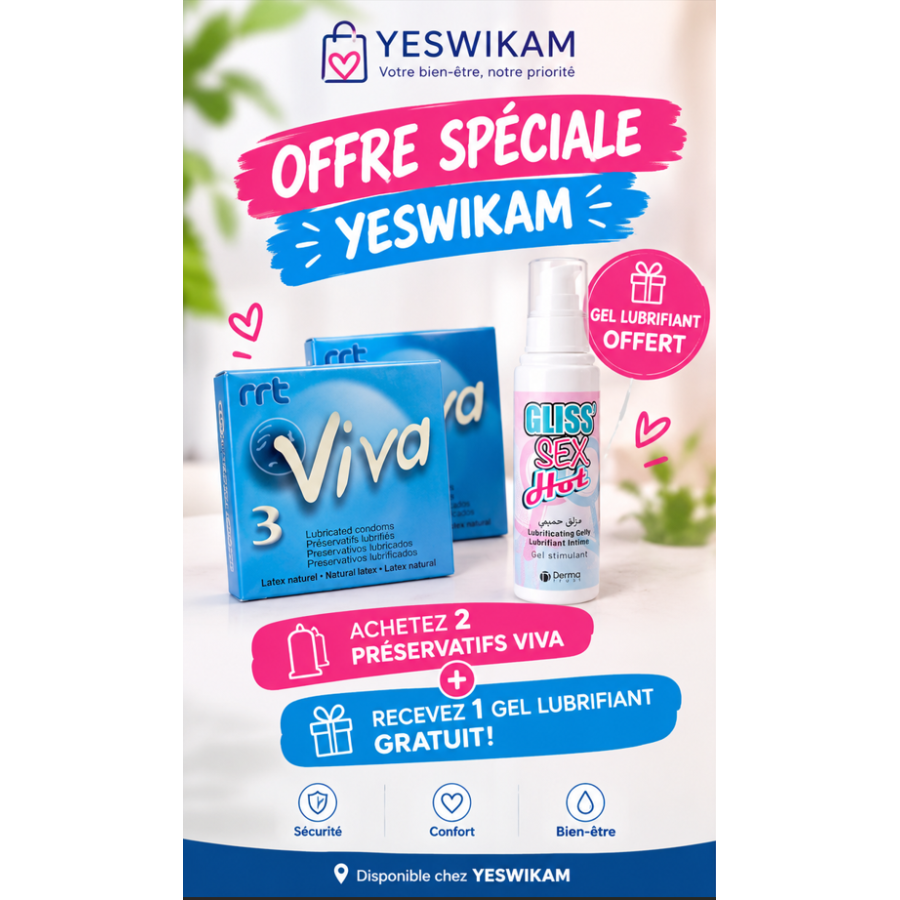 Viva –2  Préservatifs Lubrifiés en Latex Naturel +  gel lubrifiant GLISS SEX HUG offerte